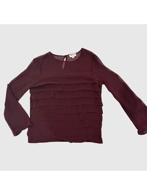 MSSP Max Studio Women L Burgundy Tiered Ruffle Sheer Bell Sleeve Blouse Exc.Cond